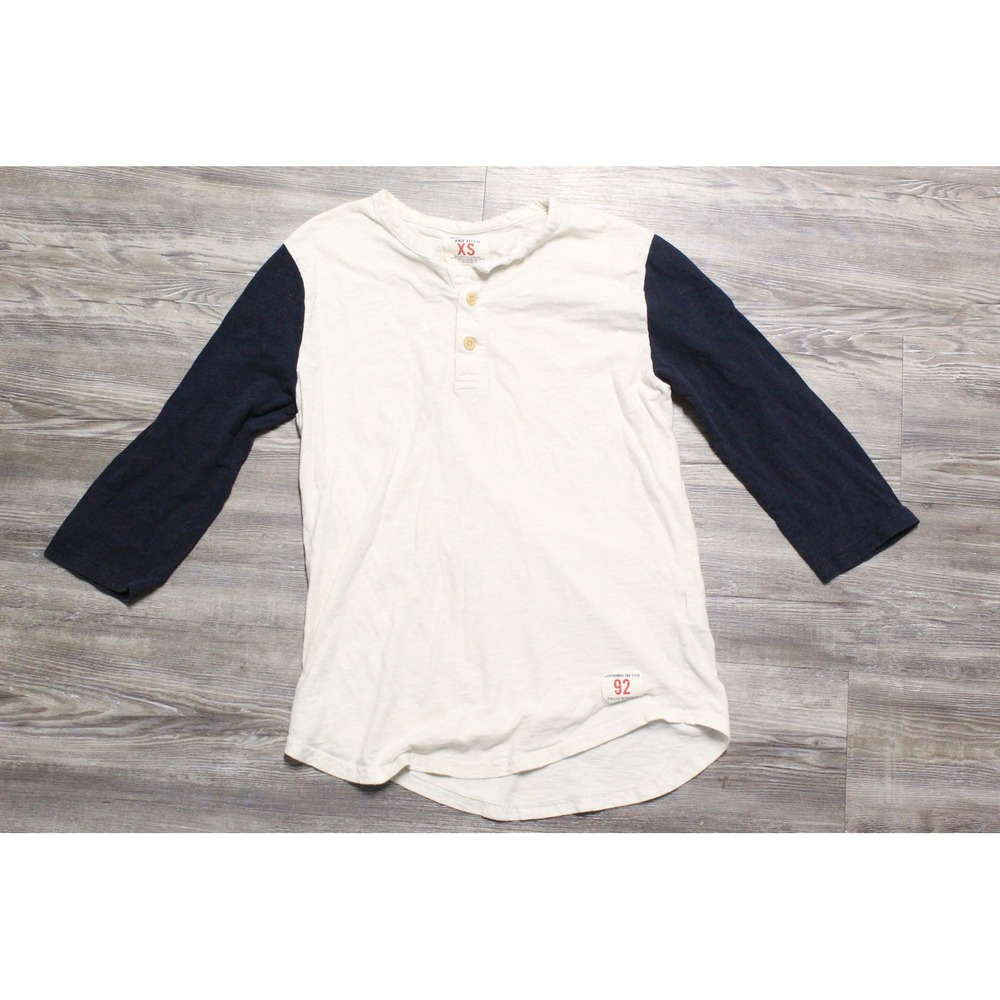 Abercrombie and Fitch Mens XS Henley Baseball Tee Cream Navy Blue Cotton